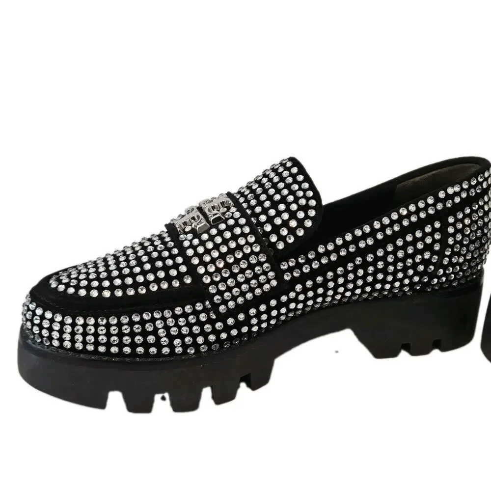 New Tory Burch Chunky Loafer Mini Everly Black Suede Crystals Lug Sole Size 7M